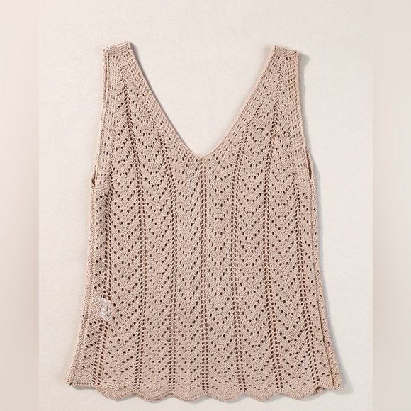 Pale Khaki Scalloped Hem V Neck Crochet Knit Tank Top Bohemian Blouse - Picture 10 of 15